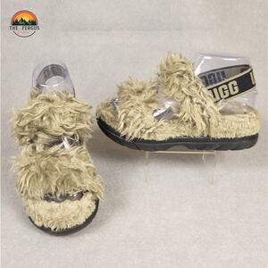 UGG Fluff Sugar Slingback Sandals Burnt Olive Faux Fur Trim Women's Size 6